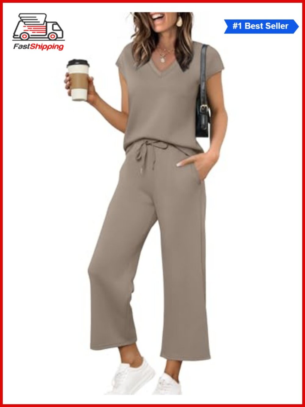 ✨ Two Piece Set V Neck Cap Sleeve Top Wide Leg Pants Lounge Vacation Travel